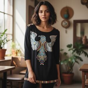 VTG Red Ranch Womens Eagle Thunderbird Tunic Shirt Size M Black Embellished USA